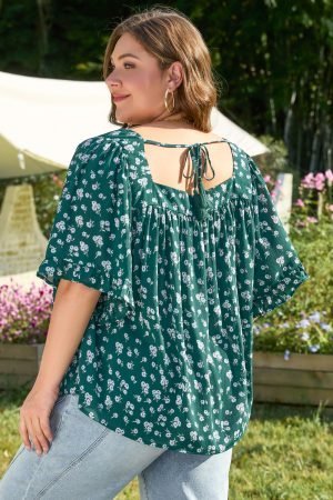 Green Floral Print Square Neck Ruffled Trim Plus Size Blouse - Image 2