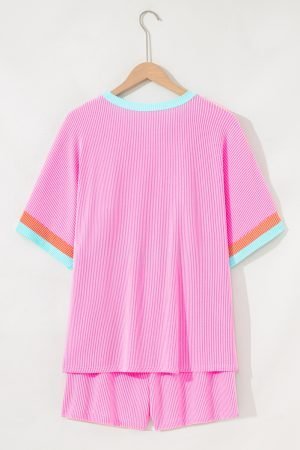 Bonbon Plus Size Color Block Corded Knit Tee and Shorts Set - Image 5