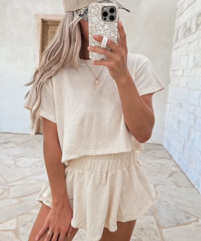 Beige 2pcs Cropped Tee and Ruffle High Waist Skort Set
