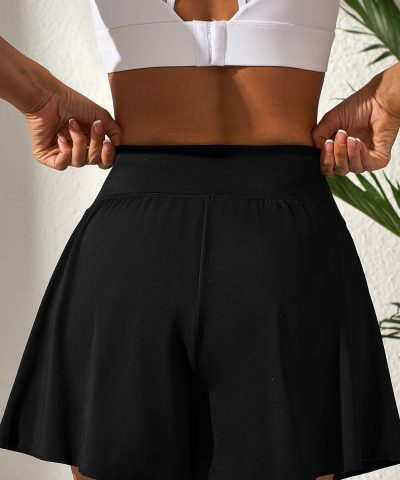 Black Solid Color High Waist Wide Leg Swim Bottom