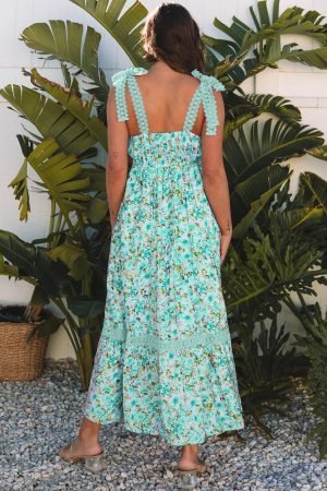Alternative view of Green Floral Lace Tied Strap Empire Waist Maxi Dress