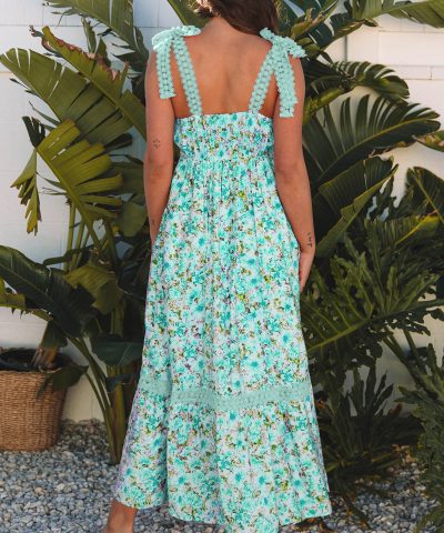 Green Floral Lace Tied Strap Empire Waist Maxi Dress
