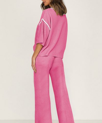 Bright Pink Contrast Trim Half Sleeve Top Drawstring Pants Loose 2pcs Sweater Suit