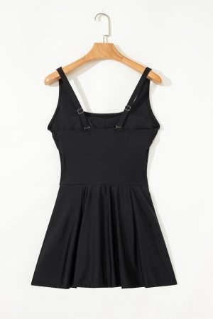 Black U Neck Adjustable Straps Knotted Skirt Patchwork One Piece Swimsuit - Image 7