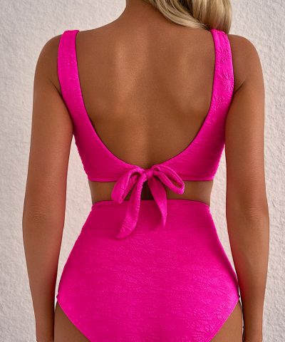 Rose Red Gold Shell Decor Wire-free Knotted 2pcs Bikini Swimsuit