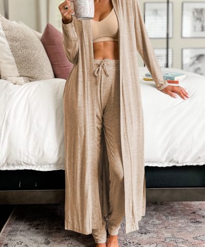 Parchment Split Long Cardigan and Skinny Pants Lounge Set