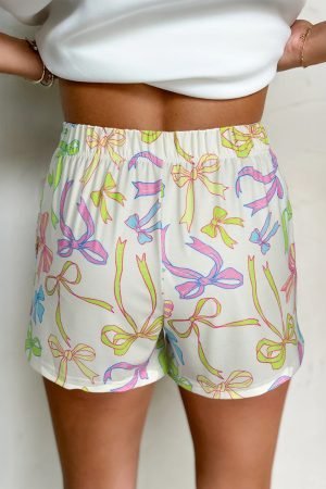 White Cheerful Bow Print Elastic Pull On Casual Shorts - Image 2