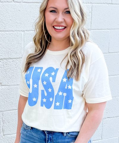 Sky Blue USA Graphic Crewneck Plus Size Patriotic Tee
