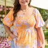 Purple Floral Puff Sleeve Square Neck Smocked Plus Size Babydoll Blouse