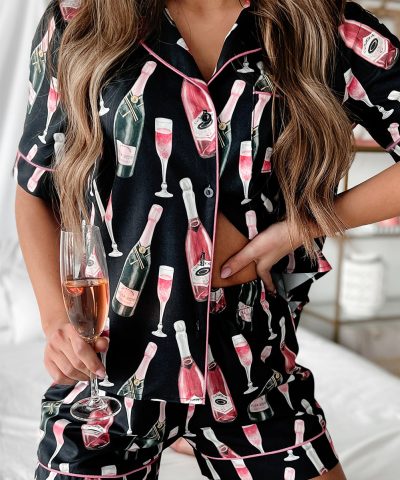 Black Champagne Print Silky Short Sleeve Pajamas Set