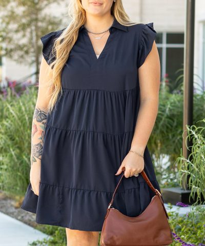 Navy Blue Collared V Neck Flutter Sleeve Tiered Plus Size Dress