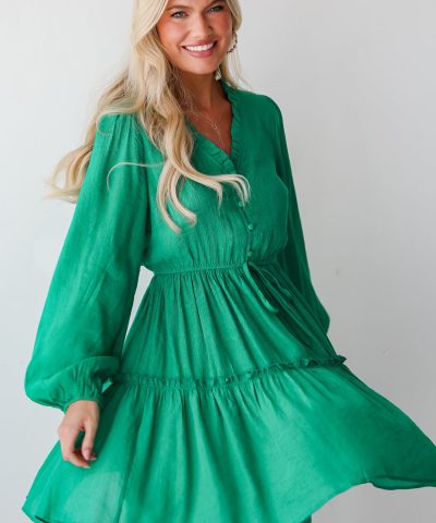 Sea Green Frilly V Neck Puff Sleeve Drawstring Shift Mini Dress
