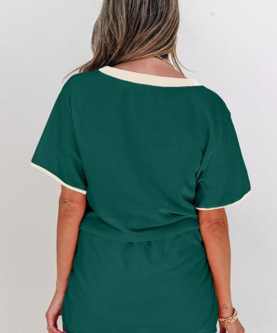 Evergreen Colorblock Edge Drop Shoulder T Shirt and Skort 2Pcs Set