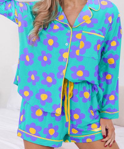 Green Flower Print Long Sleeve Shirt Shorts Pajamas Set