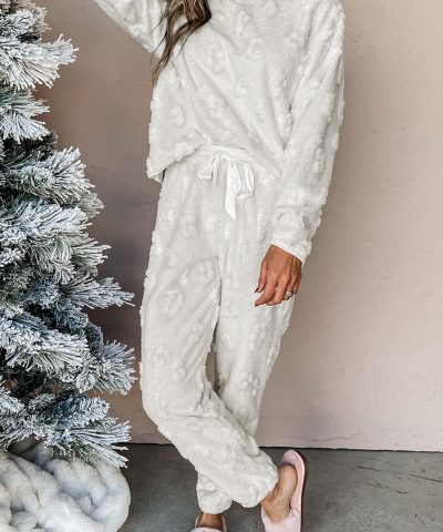 Light Grey Leopard Textured Loose Fit Fleece Lounge Set