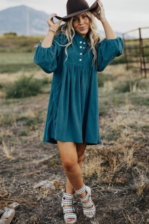 Blue Corduroy Snap Buttons Empire Waist Bracelet Sleeve Dress - Image 6