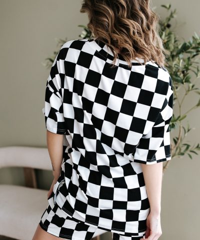 Black Checkerboard Print V Neck Loose Tee and Shorts Lounge Set