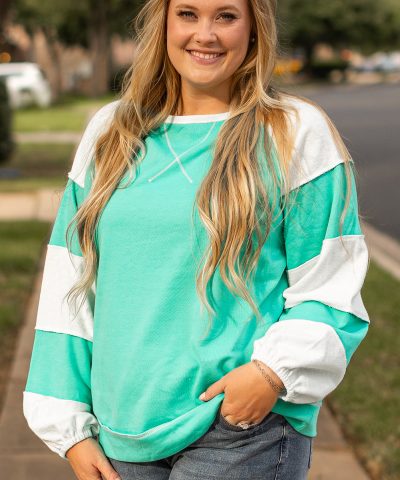 Aruba Blue Colorblock Patchwork Cross Seam Plus Sweatshirt