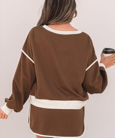 Coffee Color Contrast Loose Pullover and Lace-up Waist Skort Set