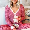 Red Stripe Buttoned V Neck Top and Knotted Waist Pants Lounge Set