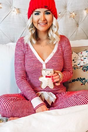Red Stripe Buttoned V Neck Top and Knotted Waist Pants Lounge Set