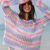 Purple Multi Stripe Open Knit Sweater Beach Cover Up