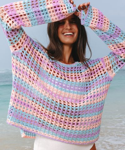 Purple Multi Stripe Open Knit Sweater Beach Cover Up