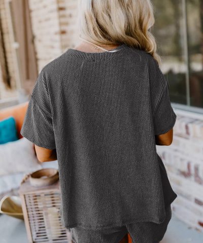 Carbon Grey Ribbed Textured Knit Loose Fit Tee and Shorts Set