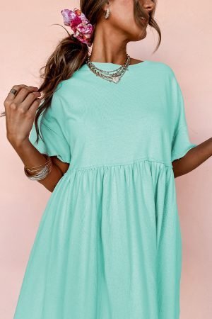 Moonlight Jade Solid Color Pocketed Raw Edge Babydoll Dress
