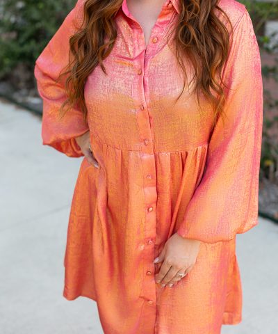 Peach Blossom Metallic Balloon Sleeve Shirt Plus Size Mini Dress