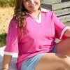 Pink Contrast Trim Collared Split Neck Short Sleeve Plus Size Top