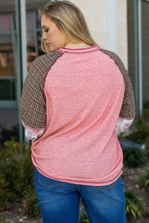 Pink Checkered Paisley Patchwork Raglan Sleeve Seamed Plus Size Top - Image 3