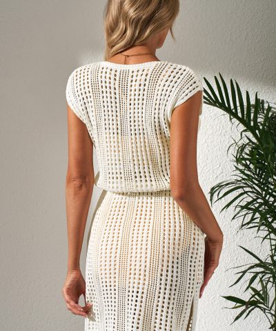Beige Open Knit Drawstring Waist Beach Dress