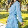Light Blue V Neck Long Sleeve Ruffle Tiered Mini Dress