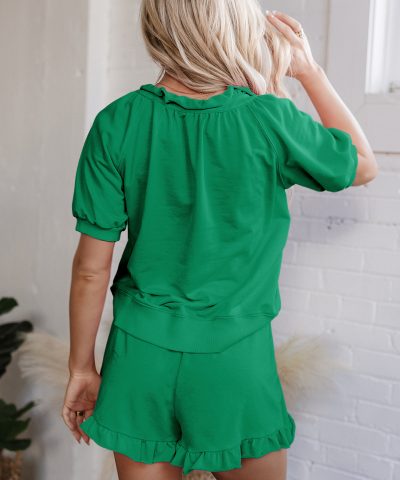 Sea Green Half Zip Puff Sleeve Top and Ruffled Shorts Set