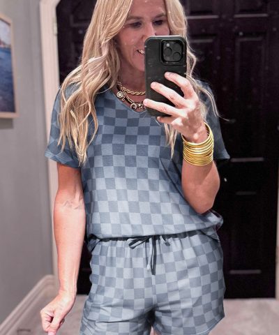 Gray Checkered V Neck Tee Drawstring Shorts Lounge Set