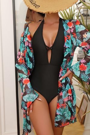 Black Halter Neck Monokini with Floral Beach Cover Up - Image 8