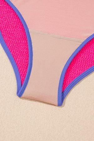 Rose Red Textured Color Block Patchwork One Piece Swimsuit - Image 8