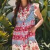 Rose Floral Mixed Pattern Ruffle Flutter Sleeve Buttoned Dress