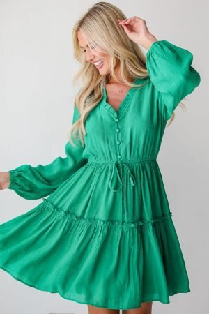 Sea Green Frilly V Neck Puff Sleeve Drawstring Shift Mini Dress - Image 3
