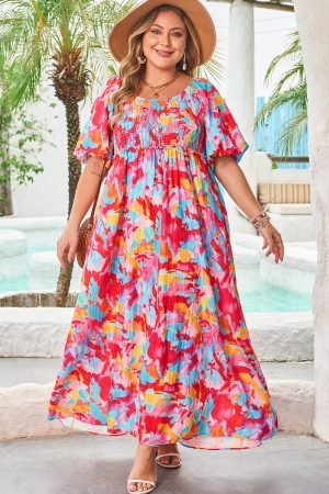 Rose Abstract Printed Puff Sleeve Square Neck Smocked Bust Tied Back Plus Size Dress - Image 6