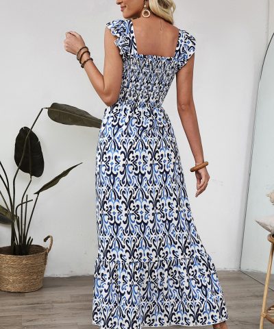 Sky Blue Boho Print Smocked High Waist Maxi Dress