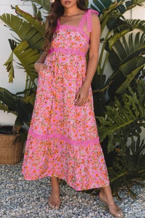 Rose Floral Lace Tied Strap Empire Waist Maxi Dress