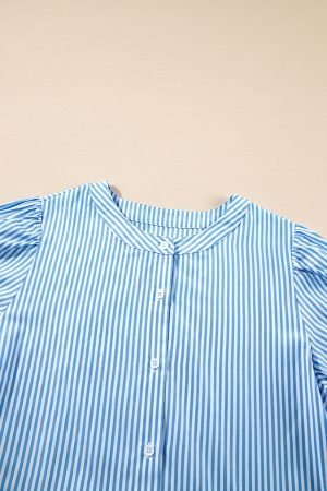 Sky Blue Stripe Bubble Short Sleeve Tiered Scallop Long Dress - Image 7