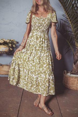 Yellow Boho Floral Square Neck Smocked Bust Puff Sleeve Tiered Long Dress