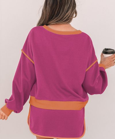 Rose Red Color Contrast Loose Pullover and Lace-up Waist Skort Set