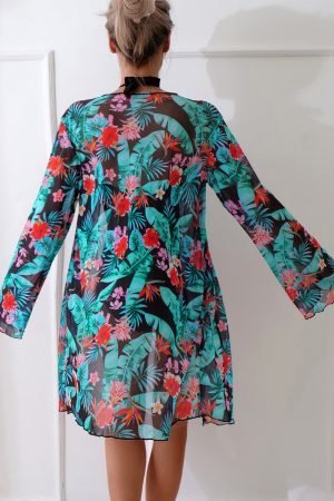 Black Halter Neck Monokini with Floral Beach Cover Up - Image 2