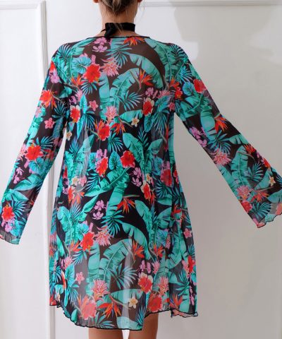 Black Halter Neck Monokini with Floral Beach Cover Up