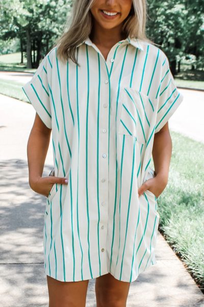 Mint Green St Patricks Striped Wide Short Sleeve Shift Mini Shirt Dress