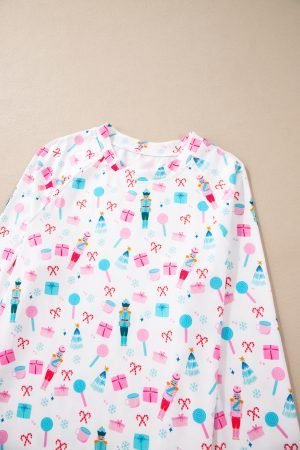 White Christmas Pattern Long Sleeve Top and Wide Leg Pants Set - Image 8